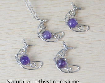 Amethyst Moon-shaped Necklace, Purple Gemstone Necklace for Women, White Gold-Plated Stone Jewelry, February Birthstone Jewelry Z376