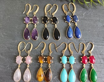 Natural Crystal Dangle Earring, Healing Quartz Hook Earring, Dainty Jewelry for Women, Amethyst Rose Quartz Obsidian Z213