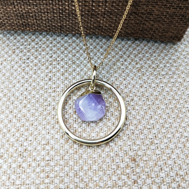 Gold Plated Amethyst CZ February Birthstone Pendant For Women Handmade Chaems Round Shape Design Necklace