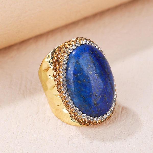 Lapis Lazuli Malachite Green Spot Stone Ring, Gold Plated Wide Band Ring, Rhinestone Pave Ring, Crystal Jewelry Supplies  Y921