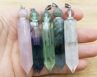 Natural Gemstone Essential Oil Bottle Pendant ,Silver Plated Fluorite Charm Jewelry , Perfume Bottle Pendant, Hexagon Prism Vials T567