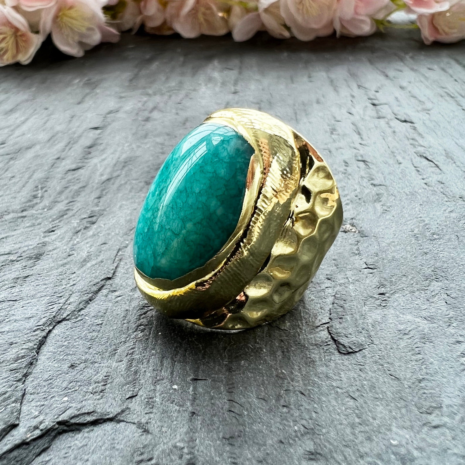 Gold Wide Band Stone Ring Everyday Wear Jewelry Amazonite Etsy