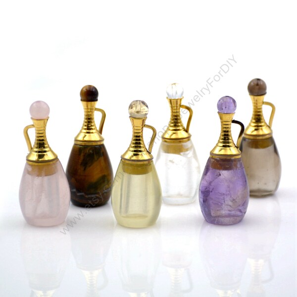 Natural Gemstone Essential Oil Diffuser, Gold Plated Polished Perfume Bottle Pendant, Crystal Quartz Jewelry for Necklace T061