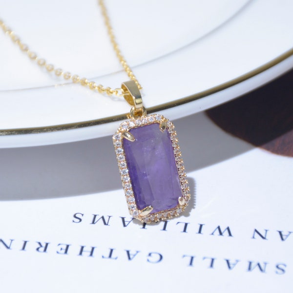 Natural Amethyst Necklace, Rectangle Crystal Pendant Necklace For Women, February Birthstone Necklace, Mother's Day Gifts Z099