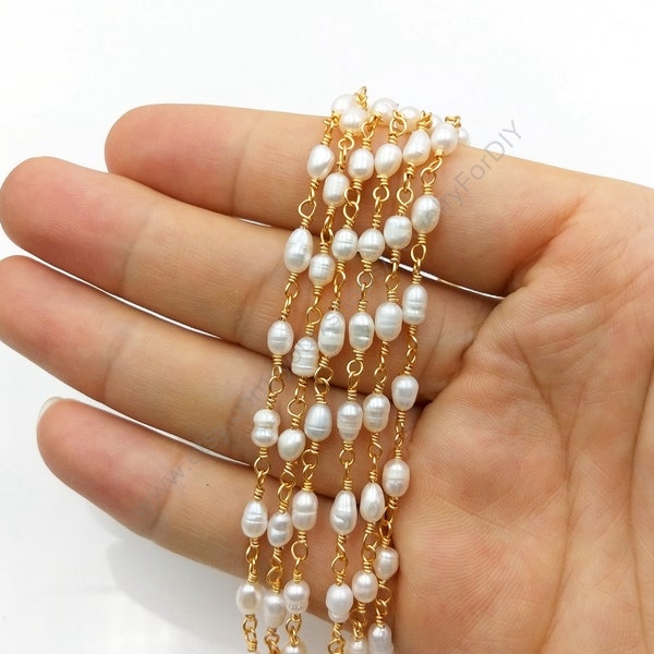 Wholesale 3.6mm Pearl Rosary Chain, Gold Plated Freshwater Pearl, Oval Beaded Chain, Jewelry Craft Supply 1/5/10 Meter T301