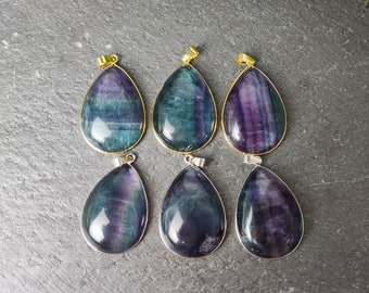 Véritable pendentif en fluorite arc-en-ciel, charme en pierre de lunette or/argent pour collier, pendentif en fluorite en forme de larme, fourniture de bijoux Z159