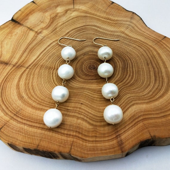 14k gold filled Pearl Statement Earrings, Long Pe