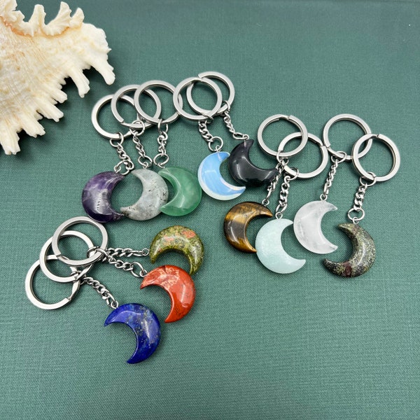 Hand Carved Moon Crystal Key Chain, Healing Crystal Keychain, Gemstone Keyring, Stone Bag Purse Charms, Jade Opal Lapis Y742