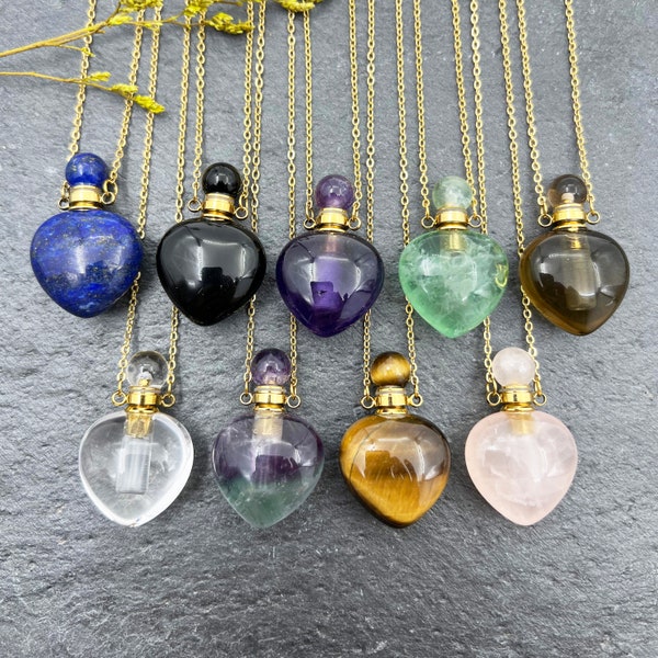 Healing Crystal Heart Perfume Bottle Necklace, Stone Diffuser Necklace, Essential Oil Vial Choker, Fluorite Lapis Amethyst  Y715
