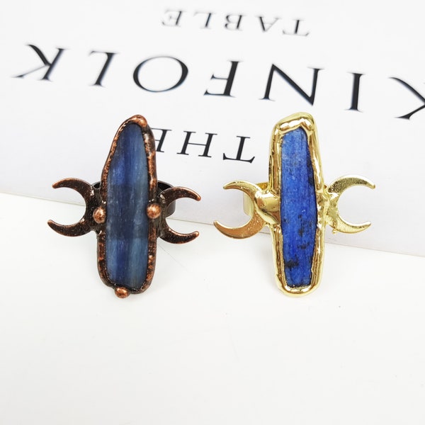 Kyanite Bronze/Gold Plated Ring, Kyanite Crystal Jewelry with Two Crescents, Healing Crystal, Blue Gemstone Bohemia Ring Z074