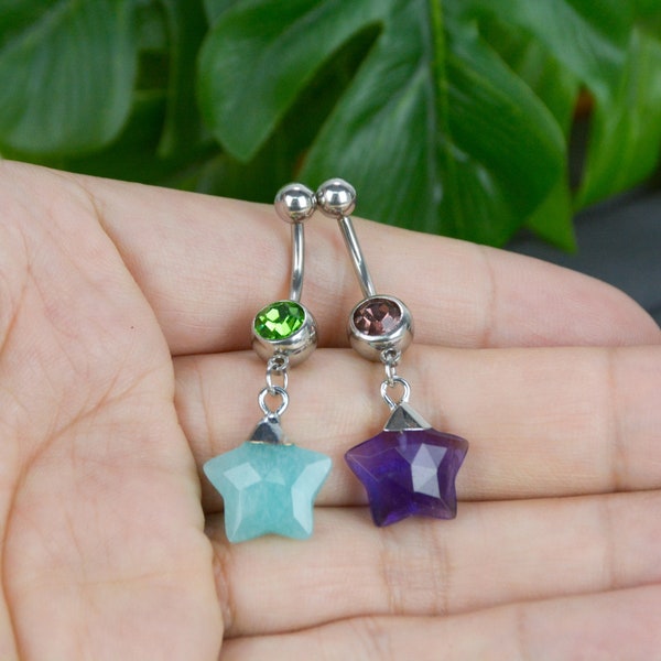 Amethyst Belly Button Rings,Amazonite Belly Button Jewelry, Stainless Steel Star Navel Ring,Belly Ring,Hihop Gemstone Belly Piercing Jewelry