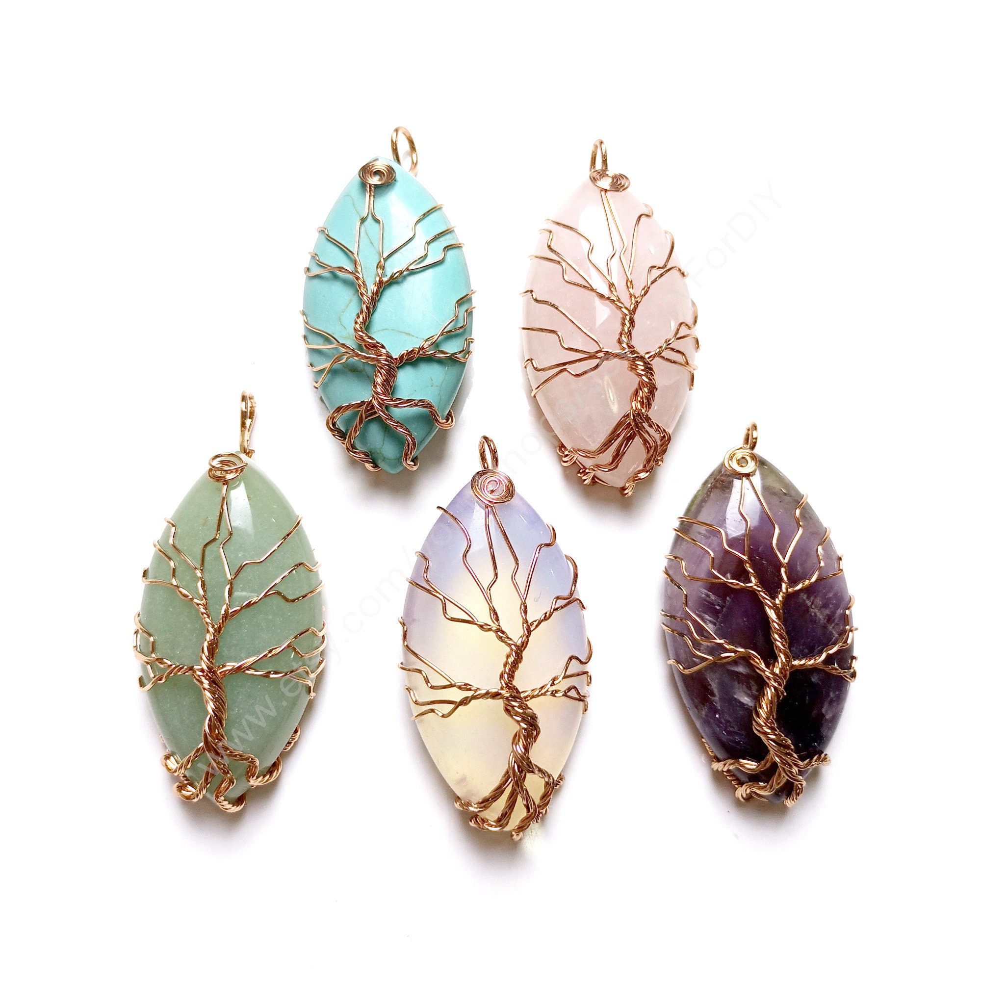 New Natural Gemstones Tree Life Rose Gold Wire Wrapped Drop Chakra Beads Pendant 
