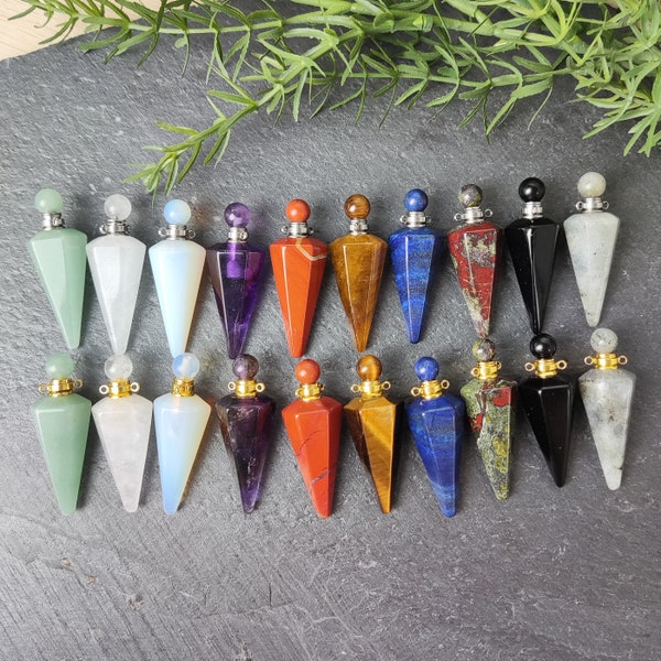 Dowsing Pendulum Stone Perfume Bottle Charm, Healing Crystal Point Pendant, Gemstone Essential Oil Vial Charm for Necklace Z129