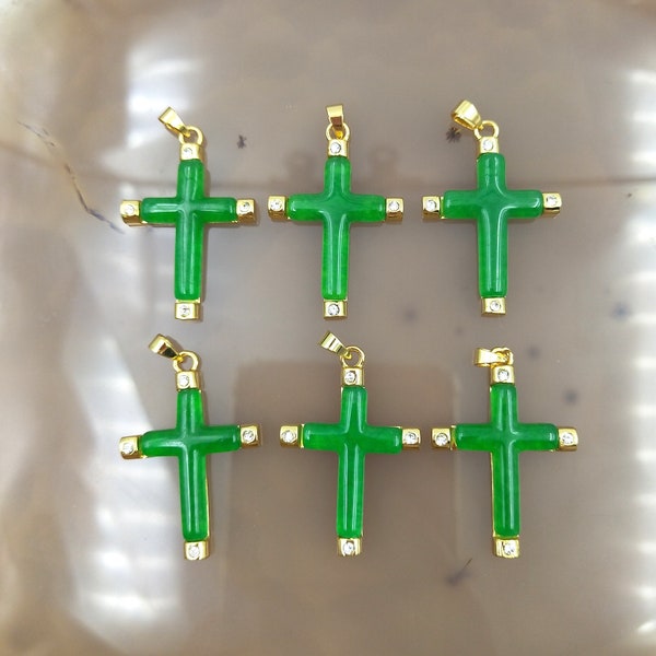 Green Jade Cross Pendant, Gold Plated Charms, Green Crystal Pendant For Necklace Earring Making, Dainty Stone Jewelry Y299