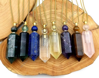 Natural Gemstone Pendant, Hexagon Prism Bottle Pendant Necklace, Chakra Crystal Quartz Perfume Bottle vials Long Necklace Jewelry T214