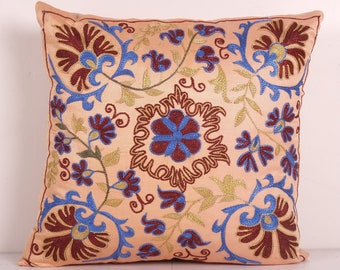 Handmade Silk Suzani Cushion Cover, Salmon Embroidered Uzbek Pillowcase, Designer Cushion 18'' x 19''