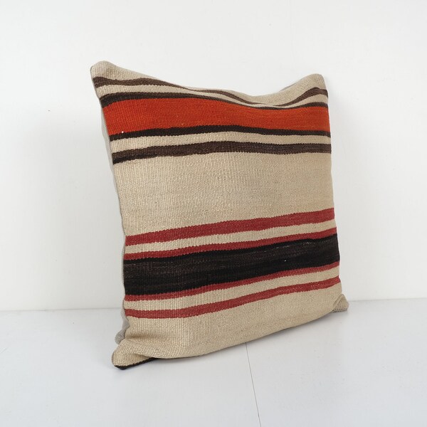 Handmade Organic Wool Square Cushion Cover, Ethnic Chair Cushion Decor from Anatolian, Hemp Designer Pillowcase 24'' x 24''