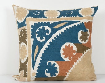 Square Blue Suzani Pillow Cases Fashioned from a Vintage Suzani, Embroidery Suzani Pillow, Uzbek Cushion Cover 28&#39;&#39; x 28&#39;&#39;