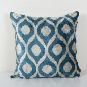 Square Pale Blue Ikat Velvet Pillow, Silk White Polka Dot Velvet Cushion Cover, Boho Pillow 23&#39;&#39; x 23&#39;&#39;