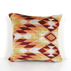 Silk Ikat Velvet Pillow - Silk Ethnic Velvet Kilim Pillow Design Cover - Orange Ethnic Decorative pillow - Velvet Ikat pillow 16&quot; x 16&quot;