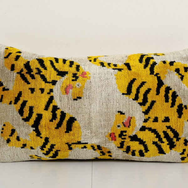 Tiger Ikat Velvet Pillow, Silk Lumbar Cushion Cover, Yellow Animal Lumbar Pillows, Boho Pillow