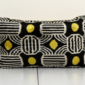 Silk Ikat Velvet Pillow Cover, Black and Yellow Motif Ikat Lumbar Pillow Cover 16&quot; x 24&quot;