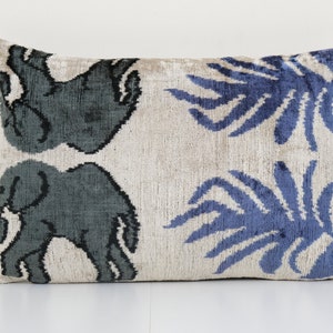 Ikat Elephant Pillow, Silk Lumbar Cushion Cover, Animal Velvet Pillows, Interior Design Cushion