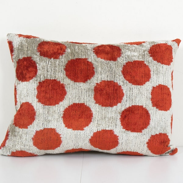 Red Silk Ikat Velvet Pillow Cover, Tribal Polka Dot Ikat Lumbar Cushion Cover, Decorative Pillowcase 16" x 20"