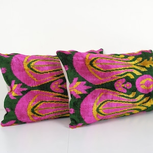 Set of Two Pink Silk Ikat Pillow with Tulip Pattern, Handloom Ikat Floral Cushion Cover 16'' x 24''