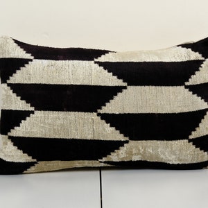 Ikat Velvet Pillow, Silk Lumbar Cushion Cover, Black Lumbar Pillows, Checkered Design Velvet Cushion, Boho Chic Pillow Cover