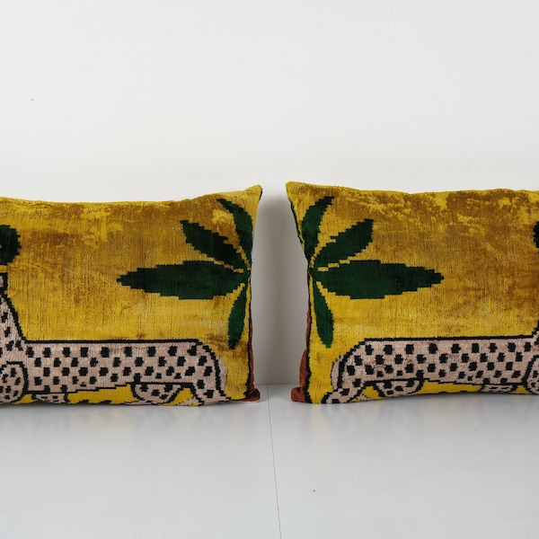 Animal Ikat Velvet Lumbar Pillow Cover: Handloomed Silk, 16'' x 24'' with INSERT