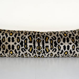 Leopard Ikat Velvet Bedding Pillow, Silk Long Lumbar Cushion Cover, Uzbek Velvet Cushion Cover 15&#39;&#39;x45&#39;&#39;