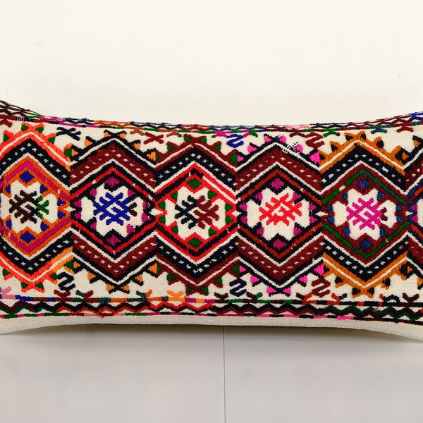 Vintage InsolIte Style Cicim Kilim Oreiller Avec Détails Originaux, Housse de Coussin Lombaire Turc 12'' x 24''