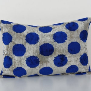 Blue Silk Ikat Velvet Pillow Cover, Handloom Polka Dot Ikat Lumbar Cushion Cover, Decorative Pillowcase 16&#39;&#39; x 24&#39;&#39;
