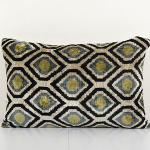 Sea Green Ikat Velvet Pillow, Silk Lumbar Cushion Cover, Boho Pillow 14'' x 14''
