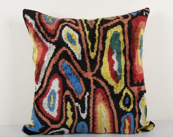 Square Colorful Design Ikat Velvet Pillow - Black Ethnic Silk Cushion Cover - Geometric Designer Pillowcase 23'' x 23''