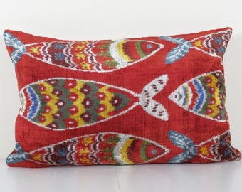 Fish Ikat Velvet Pillow, Red Silk Lumbar Cushion Cover, Boho Pillow, Uzbek Velvet Cushion Cover 16'' x 24''