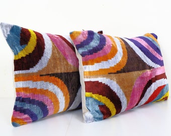 Pair Silk Ikat Velvet Pillow, Set of Two Silk Ikat Lumbar Cushion Cover, Colorful Ikat Lumbar Pillows,  Extraordinary Design Velvet Cushion