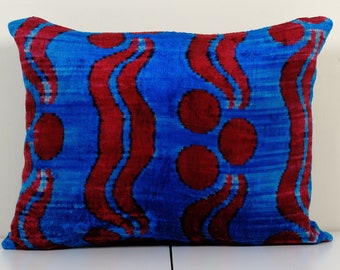 Blue Silk Ikat Velvet Pillow, Handloomed Lumbar Cushion Cover, Blue Lumbar Pillows, Polka Dot Design Velvet Cushion 18" x 22"