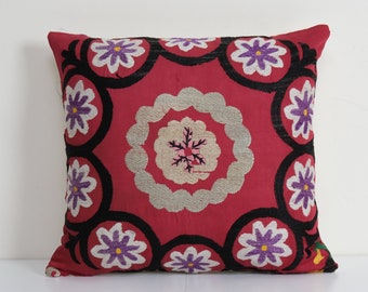 16&quot; x 16&quot; Vintage Square Suzani Cushion, Red Decorative Pillow, Ethnic Designer Pillow Cover, Midcentury Home Decor