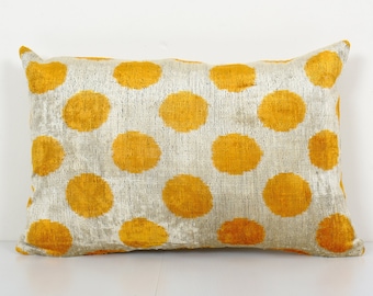 Silk Ikat Velvet Lumbar Pillow Cover - Ethnic Decorative pillow - Muted Yellow Dot Velvet Ikat pillow