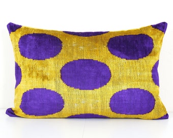 Handwoven Silk Velvet Ikat Lumbar Pillow – Blue Polka Dot, 16x24
