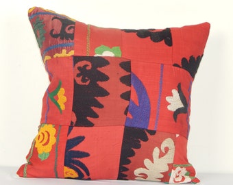 Vintage Embroidered Suzani Patchwork Pillow, Rustic Turkish Home Decor Pillow 20&quot; X 20&quot;