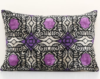 Geometric Design Blue Ikat Velvet Pillow - Pink Ethnic Silk Cushion Cover - Unusual Lumbar Cushion Cover - Designer Pillow