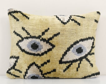 10" x 14" Small Yellow Eye Pillow - Silk Ethnic Velvet Lumbar Pillow Cover - Ethnic Decorative pillow - Velvet Ikat pillow