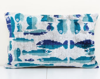 Ikat Velvet Pillow - Fish Lumbar Cushion Cover - Animal Ikat Velvet Pillow Cover 16'' x 24''