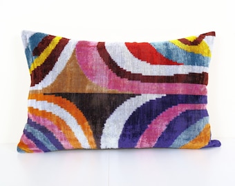 Silk Ikat Velvet Lumbar Pillow Cover, Colorful Uzbek Cushion