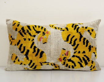 Tiger Ikat Velvet Pillow, Silk Lumbar Cushion Cover, Yellow Animal Lumbar Pillows, Boho Pillow