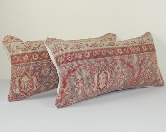 Faded Red Anatolian Carpet Rug Pillow, Muted Set of Two Lumbar Throw Cover, Ethnic Vintage Lumbar Cover, Carpet Soft Wool Pillow 12" x 24"