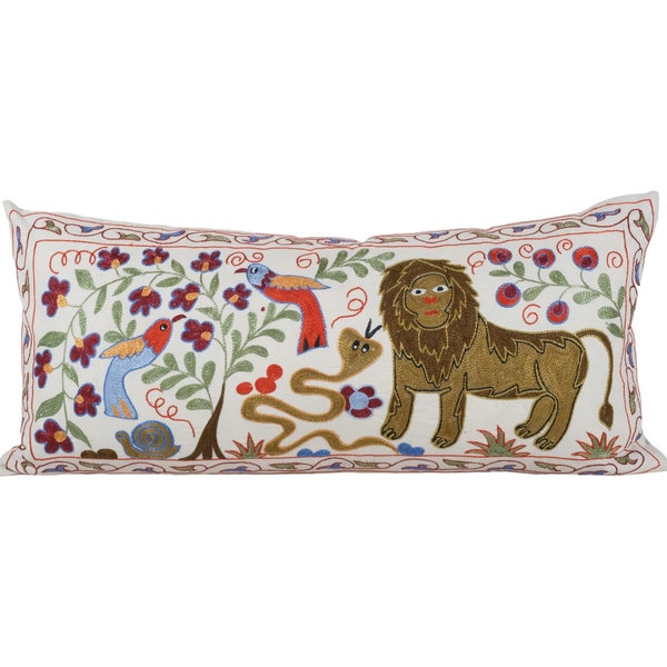 Suzani Long Lumbar Pillow Case Fashioned from a Mid-20th Century Uzbek, Animal Pictorial Samarkand Bedding Pillow 18'' x 38''